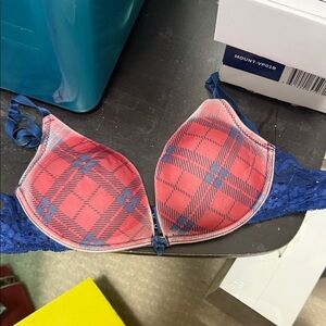 Elegant Plaid Red and Blue Lace Bra